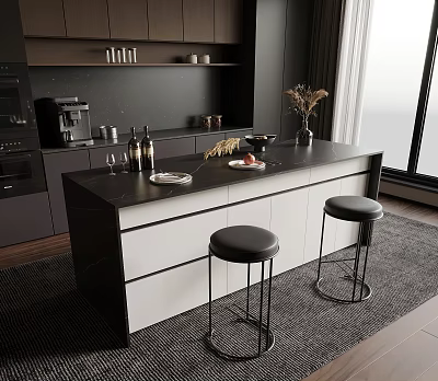 Modern Kitchen With Black Counter Island White Cabinets And Bar Stools 3d model