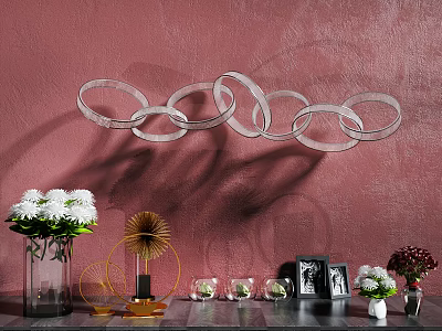 Decorative Ornament Combination with Silver Circular Rings White Flowers and Glass Balls on Pink Wall 3d model