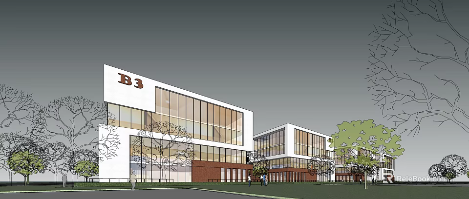 Modern Office Building Facade With Large Glass Windows White And Brown Design Surrounding Trees 3d model 