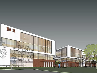 Modern Office Building Facade With Large Glass Windows White And Brown Design Surrounding Trees 3d model