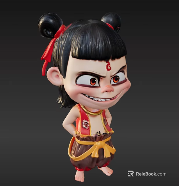 Game Movie Character With Double Buns Red Ribbons Red Forehead Mark And Mischievous Expression 3d model 