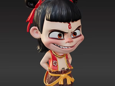Game Movie Character With Double Buns Red Ribbons Red Forehead Mark And Mischievous Expression 3d model