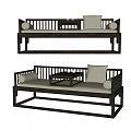 Traditional Chinese Luohan Bed with Black Frame Light Colored Cushions Armrests and Small Coffee Table