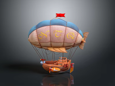 Blue And White Hot Air Balloon With Red Flag Yellow Symbols Small Wings And Wooden Basket 3d model