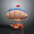 Blue And White Hot Air Balloon With Red Flag Yellow Symbols Small Wings And Wooden Basket