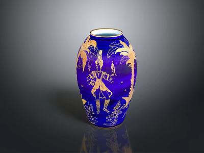 Blue Vase With Golden Carved Human Figure And Palm Tree Designs 3d model