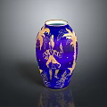 Blue Vase With Golden Carved Human Figure And Palm Tree Designs