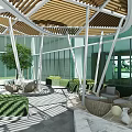 Modern Garden Courtyard Featuring Large Tree Lawn Wicker Furniture Glass Orbs And Sunlight Shadows