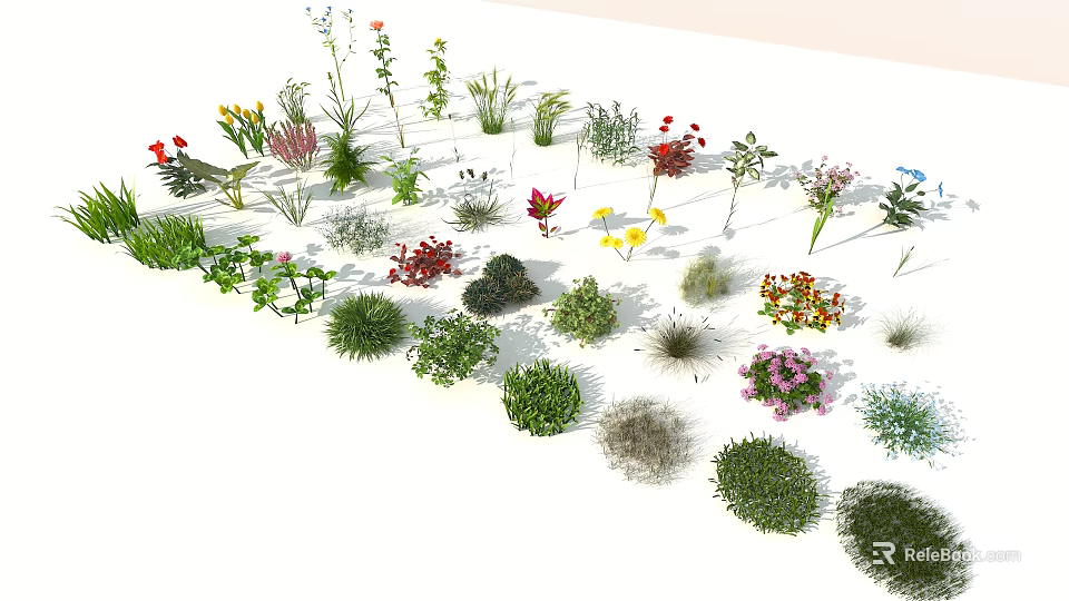 Diverse Collection of Colorful Flowers and Green Grasses with Various Shapes and Vibrant Blooms 3d model 