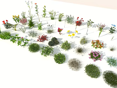 Diverse Collection of Colorful Flowers and Green Grasses with Various Shapes and Vibrant Blooms 3d model