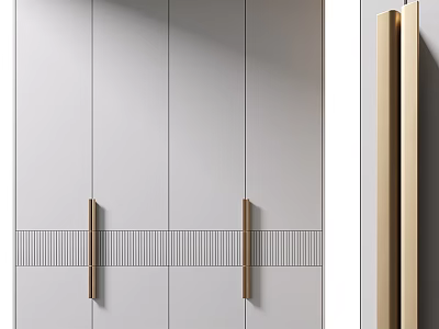 Modern Light Gray Wardrobe Design With Golden Handles And Striped Panels 3d model