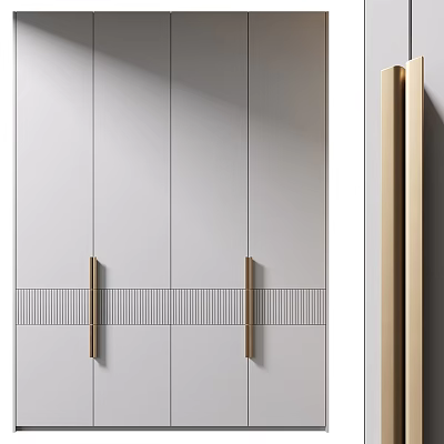 Modern Light Gray Wardrobe Design With Golden Handles And Striped Panels 3d model