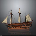 Vintage Sailing Ship Model With Multiple Masts White Sails And Orange Hull
