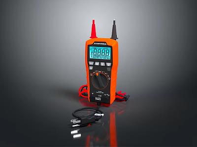 Orange Digital Multimeter with LCD Display and Test Leads for Computer Repair 3d model