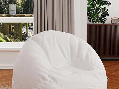 White Bean Bag Chair In Living Room With Wooden Floor Gray Curtains And Green Plant 3d model