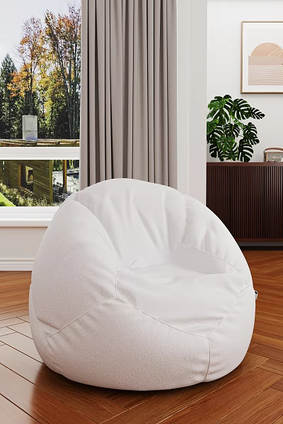 White Bean Bag Chair In Living Room With Wooden Floor Gray Curtains And Green Plant 3d model