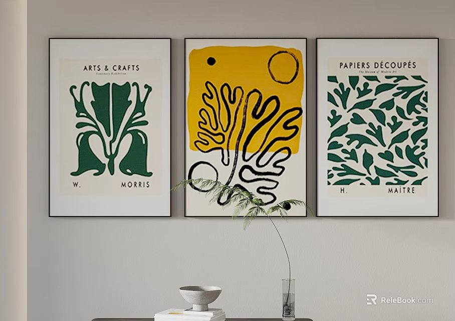 Three Abstract Wall Art Paintings With Green Yellow Leaf Design Decor 3d model