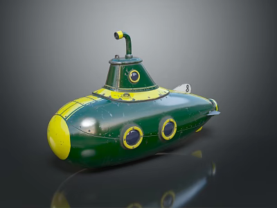 Vintage Green And Yellow Submarine Water Vehicle With Round Windows And Retro Design 3d model