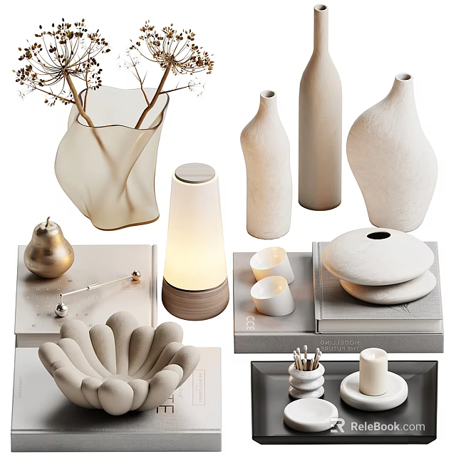 Minimalist Modern Decorative Ornament Set With Ceramic Vases Candle Holders And Gold Accents 3d model 