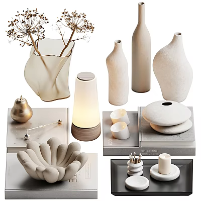 Minimalist Modern Decorative Ornament Set With Ceramic Vases Candle Holders And Gold Accents 3d model