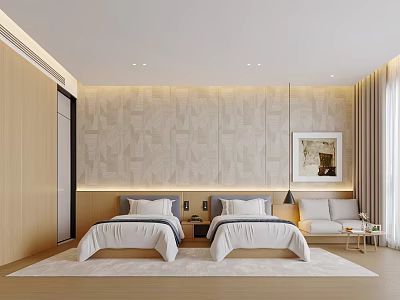 Modern Hotel Guest Room Interior With Twin Beds Textured Wall And Sofa 3d model