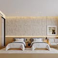 Modern Hotel Guest Room Interior With Twin Beds Textured Wall And Sofa