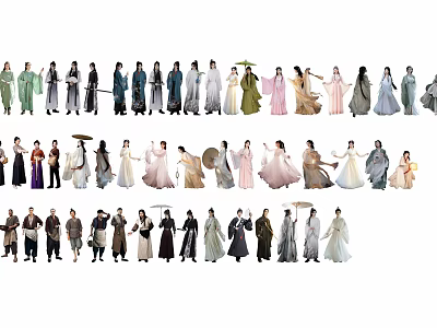 Multiple People Wearing Traditional Ancient Costumes With Various Styles And Colors 3d model