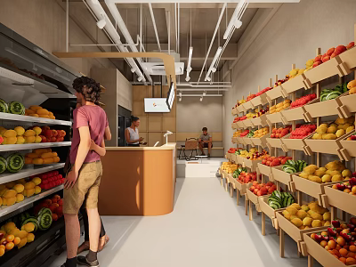 Fresh Fruit Store Interior Featuring Various Fruits on Shelves and Customers Selecting Produce 3d model