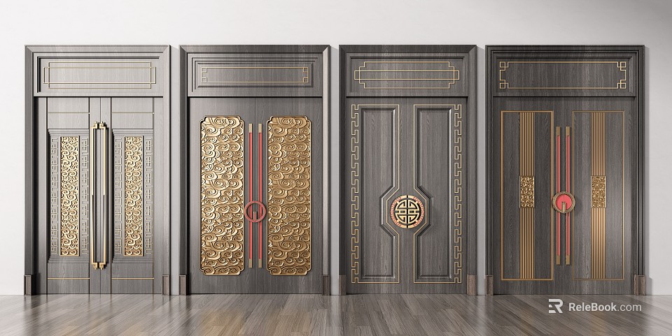 Double Doors With Dark Wood Finish And Intricate Golden Carvings Traditional Design 3d model 