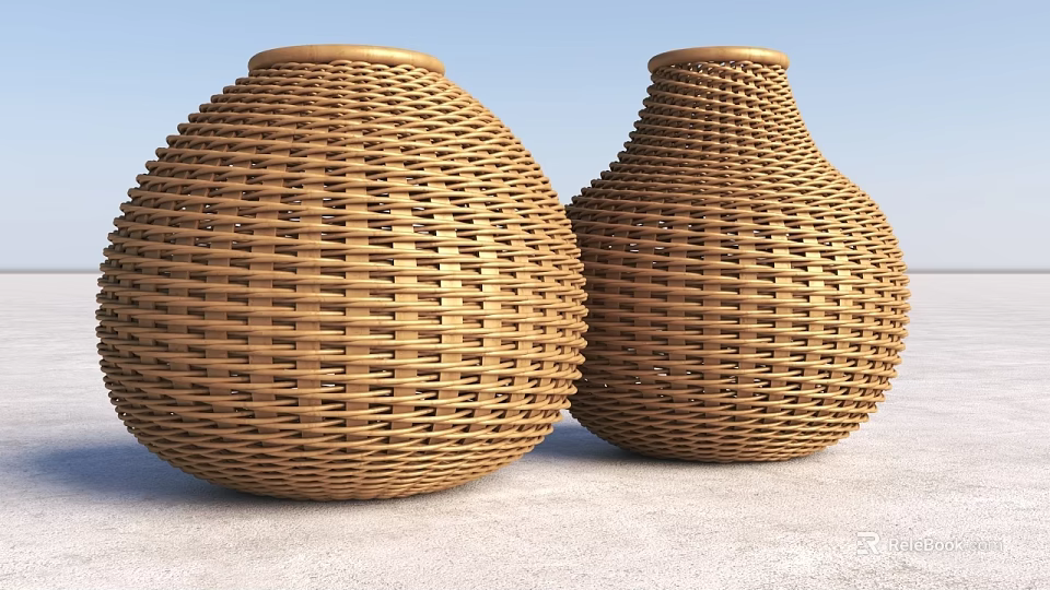 Two Decorative Handwoven Rattan Vases With Spherical Shape And Intricate Weave Patterns 3d model 