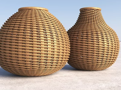 Two Decorative Handwoven Rattan Vases With Spherical Shape And Intricate Weave Patterns 3d model