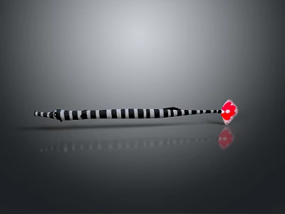 Black and White Striped Elongated Object With Red Arrow Tip on Gray Background and Reflection 3d model