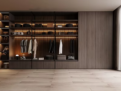 Modern Luxury Wardrobe Interior Design With Wooden Panels Hanging Rods And Built-in Lighting 3d model