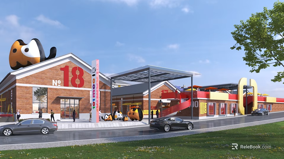 Vibrant Commercial Street Featuring Brick Building No.18 Canopy Red Slide Pedestrians and Parked Cars 3d model 