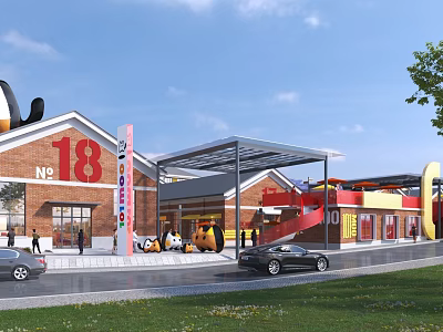 Vibrant Commercial Street Featuring Brick Building No.18 Canopy Red Slide Pedestrians and Parked Cars 3d model