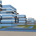 Modern Commercial Street with Tall Buildings Glass Curtain Walls Blue Sky and Wide Road