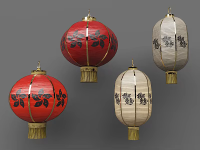 Decorative Hanging Chinese Lanterns with Red and White Traditional Patterns and Golden Accents 3d model