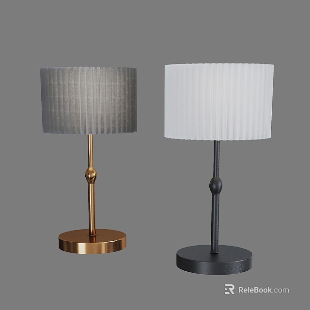 Pleated Gray And White Lampshade Table Lamps With Gold And Black Bases 3d model 