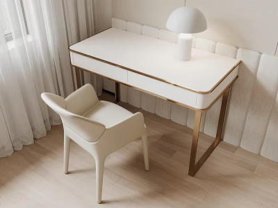 Modern White Desk with Gold Legs White Chair and Table Lamp 3d model