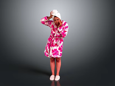 Pink Floral Bath Robe With White Towel On Head Standing Against Gray Background 3d model