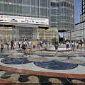 Bustling Modern Commercial Street With Glass Facade Buildings Pedestrians Green Plants And Circular Design
