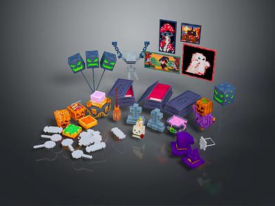 Halloween Themed Building Block Scene Components With Pumpkin Lanterns Ghost Decorations And Tombstone Figures 3d model