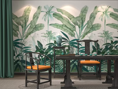 Tropical Plant Mural Accent Wall With Dark Table Orange Cushion Chairs And Green Curtains 3d model