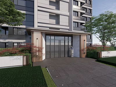 Modern Building Entrance Feature Wall With Decorative Columns Lush Greenery And Paved Ground 3d model