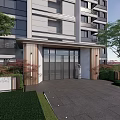 Modern Building Entrance Feature Wall With Decorative Columns Lush Greenery And Paved Ground