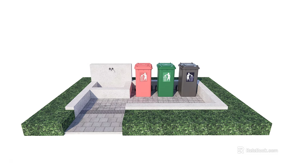 Public Facility With Colorful Recycling Bins Hand Washing Station And Grass Area 3d model 