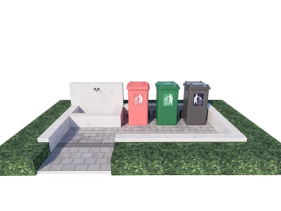 Public Facility With Colorful Recycling Bins Hand Washing Station And Grass Area 3d model
