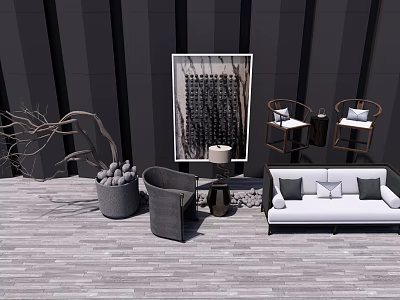 Modern Sofa Set With White Upholstery Gray Pillows Armchairs Coffee Table And Decorative Art 3d model