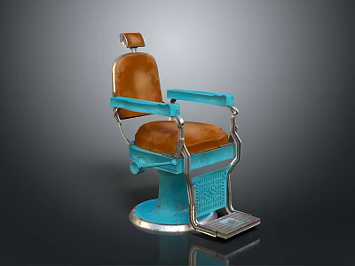 Vintage Blue Barber Chair With Brown Leather Seat Metal Frame And Footrest 3d model