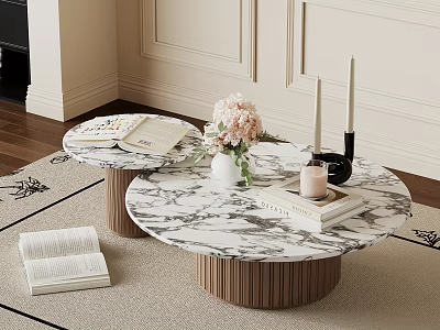 Elegant Two Round Marble Top Coffee Tables With Wooden Base Flowers Books Candles On Rug 3d model